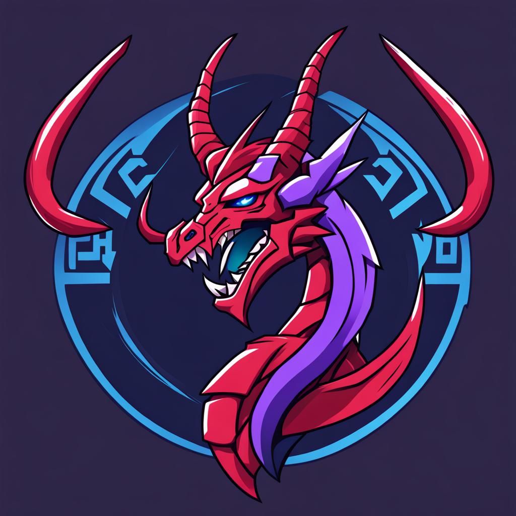 Red-Purple Dragon Logo with Blue Horns in Anime Style