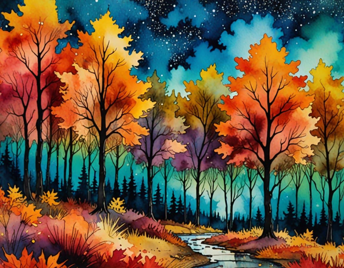 Autumn Forest with Cosmic Texture in Inkwash Style