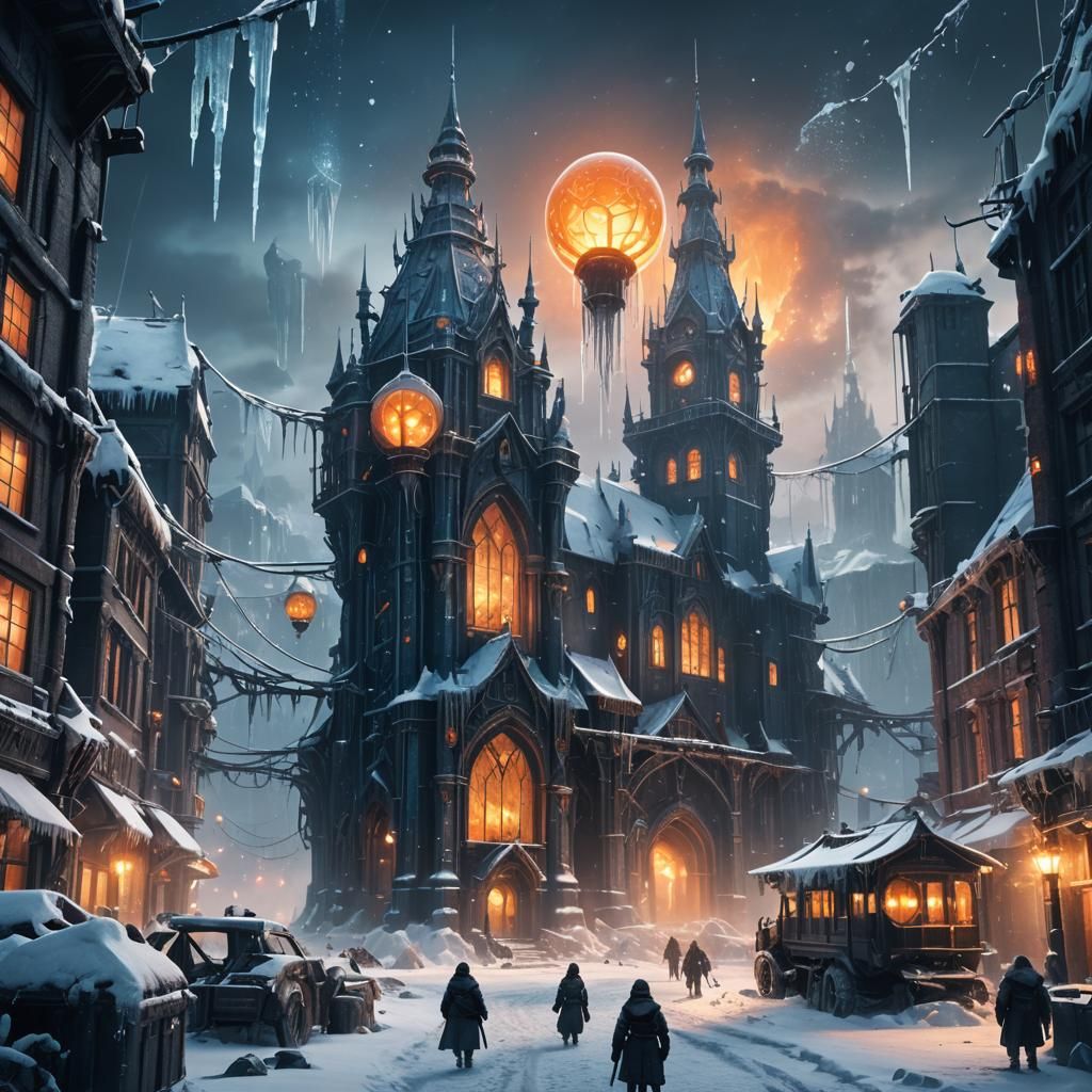 Frostpunk City in Snowy Landscape: Cinematic Concept Art