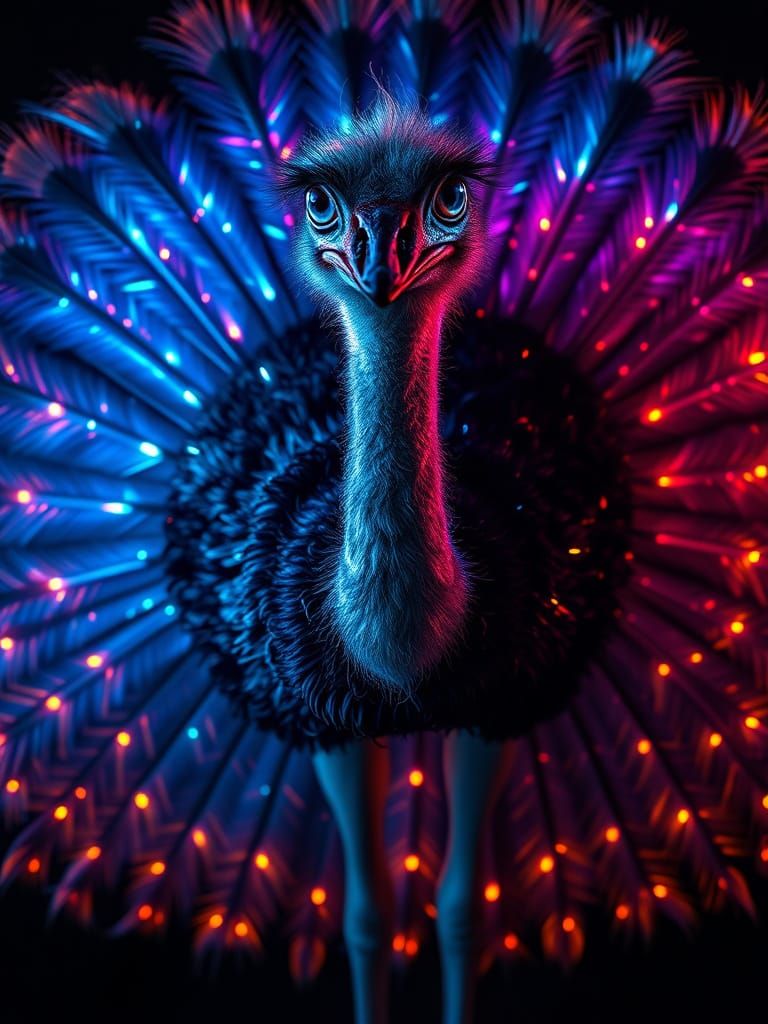 Majestic Ostrich with Bioluminescent Sapphire Eyes