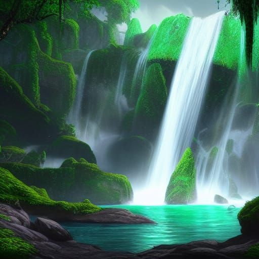 Emerald Green Waterfall: Fantasy Concept Art