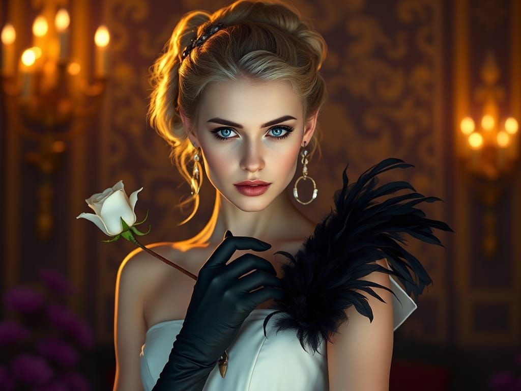 In a warm, golden light, a Scandinavian blonde model with st...