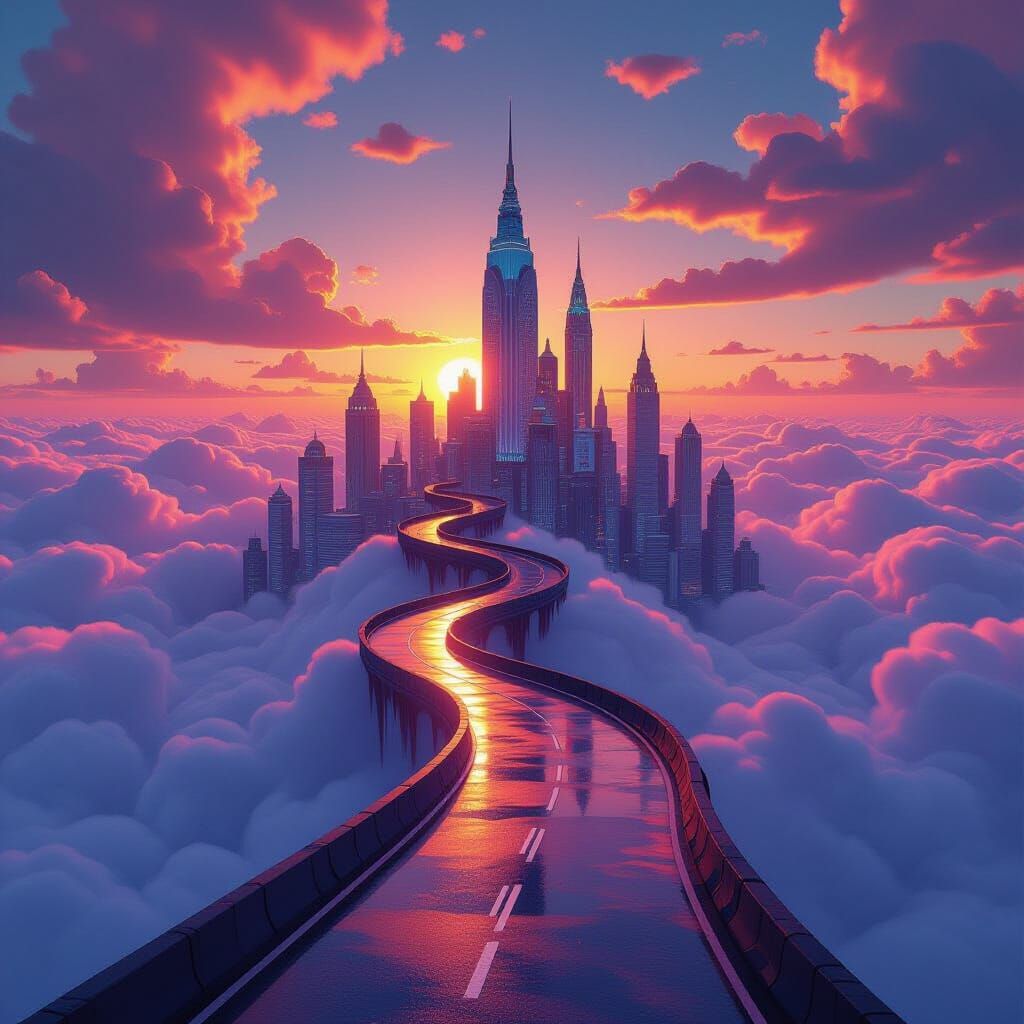 Floating City with Paint Waterfall Road at Sunset