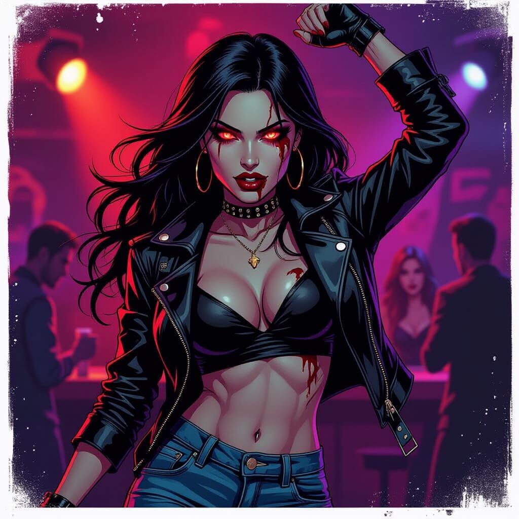 Vampire Woman Dancing in Club, Bold Comic Style
