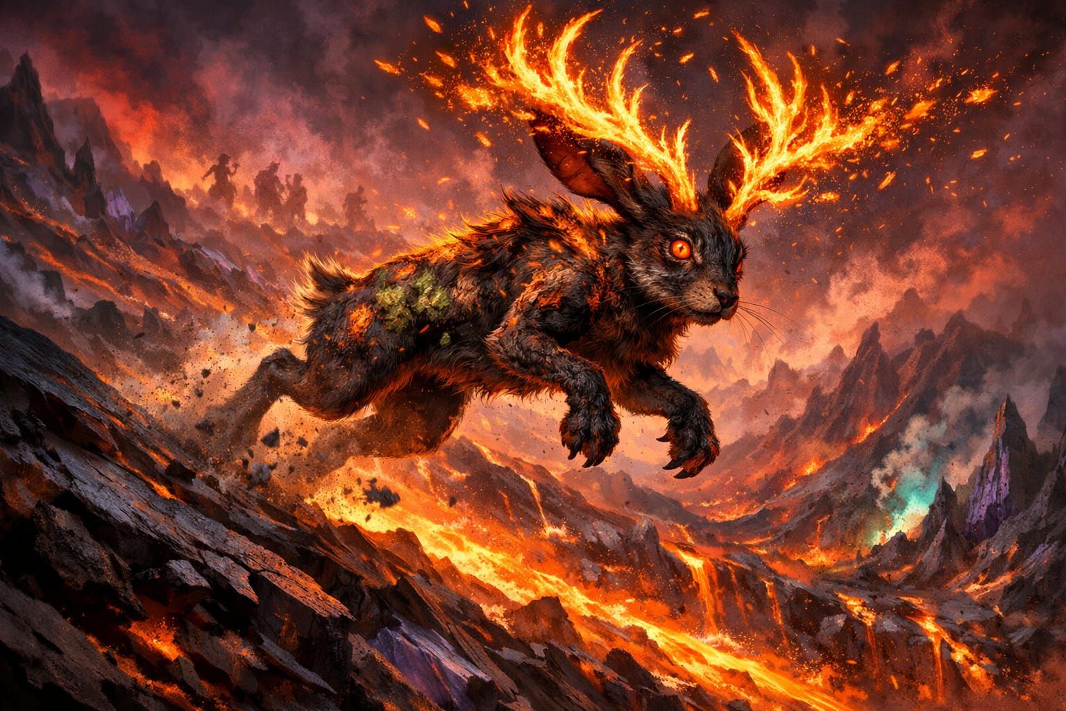 Lava Elemental Beast Leaping Through Volcanic Ravine
