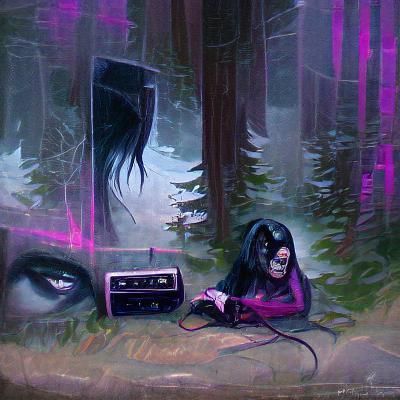 Gothic Girl Listening to Cassette Player in Forest