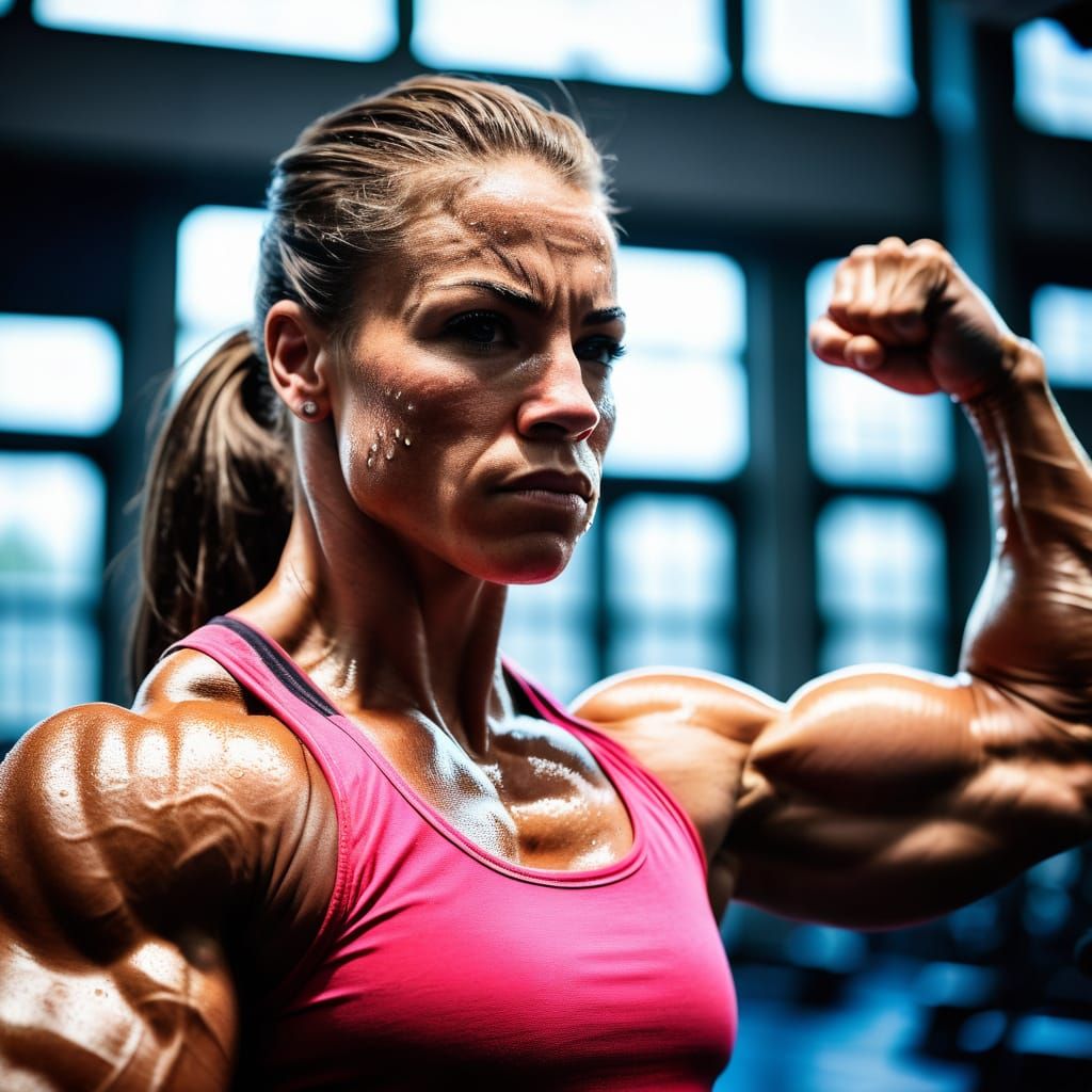 Female Bodybuilder Flexing Biceps in Gym Photo