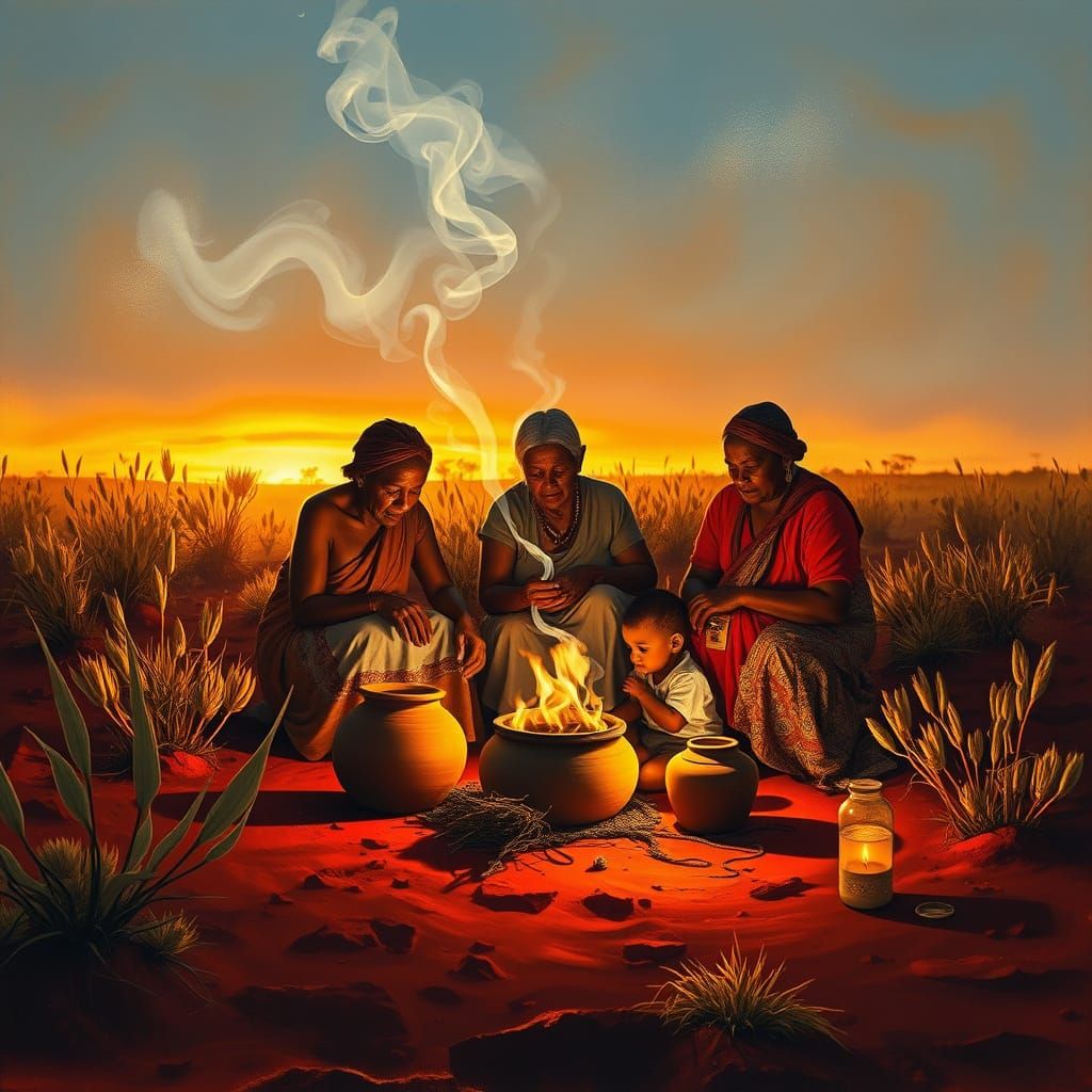 Aboriginal Families Gather at Dawn in the Australian Outback