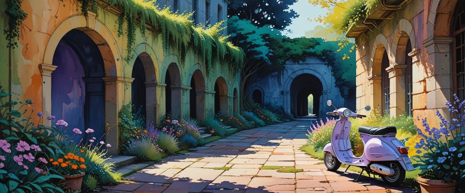 Passageways with Vespa in Watercolor Comic Style