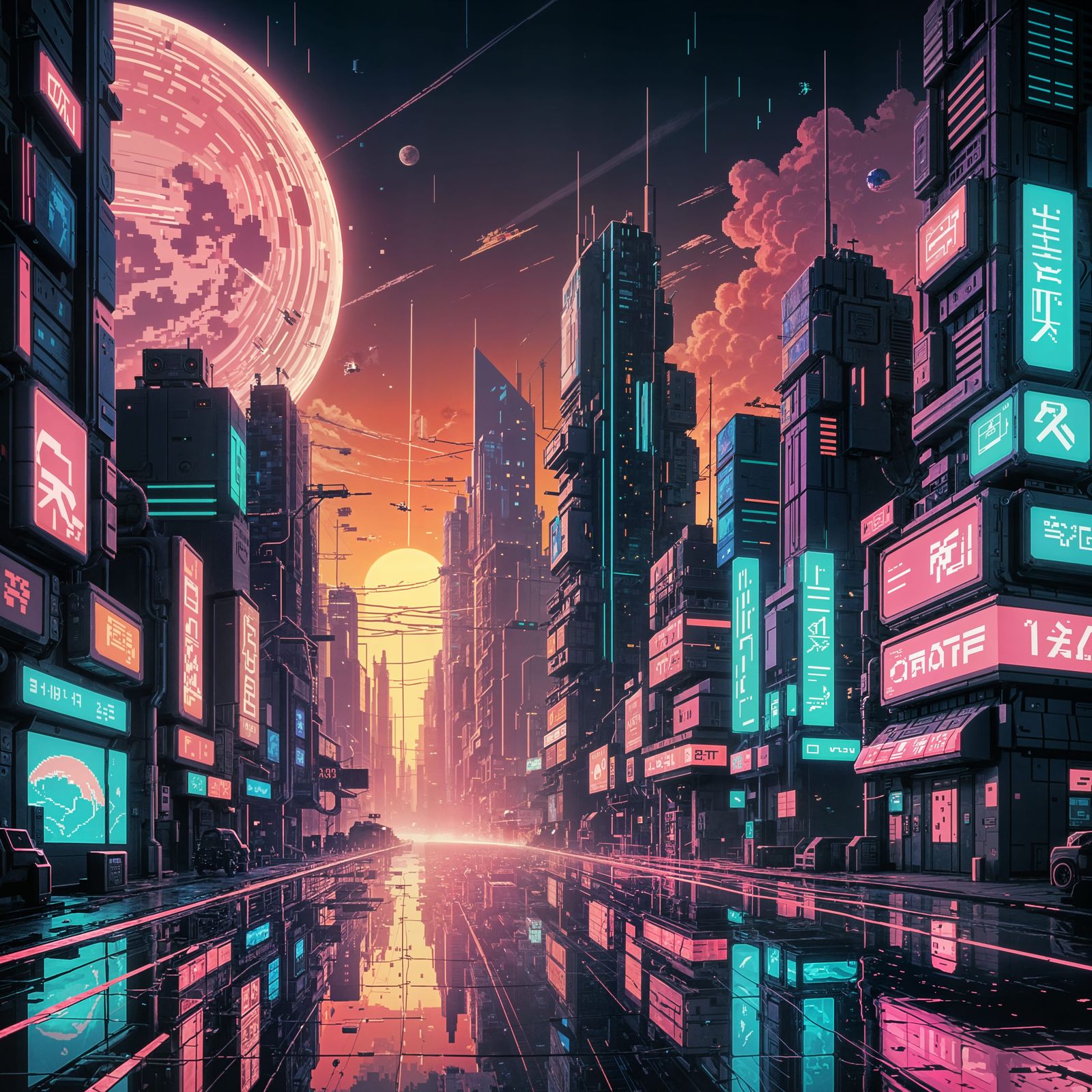 Retro Futuristic Cityscape in Pixel Art Style