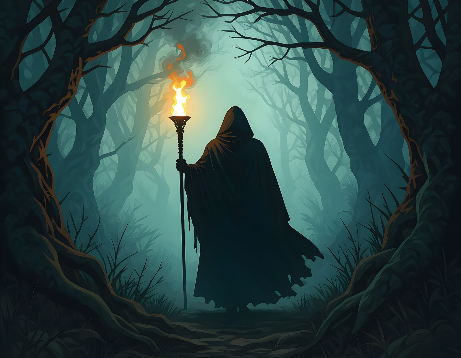 Man with Flambeau Emerges from Dark Forest