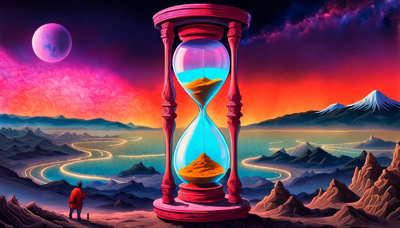 {Father Time,, creator of Hourglass concept of kept time,Creating an hourglass of spacetime:1.5 } beautiful vibrent neon...
