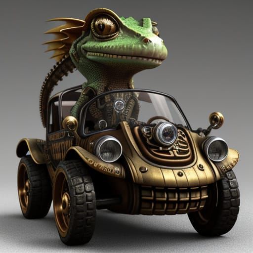 A steampunk gecko wearing a steampunk suit and driving a tin...