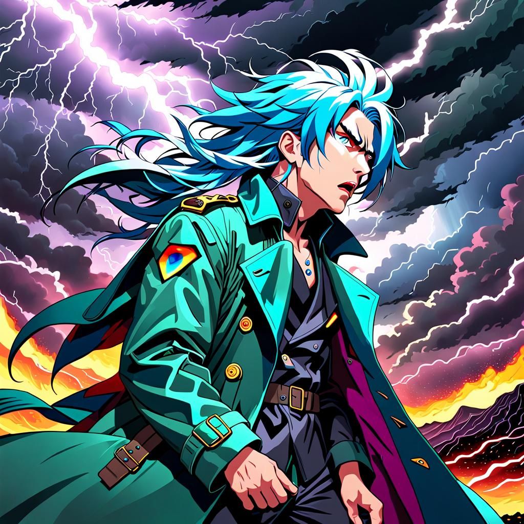 Neon-Haired Man in Stormy Landscape