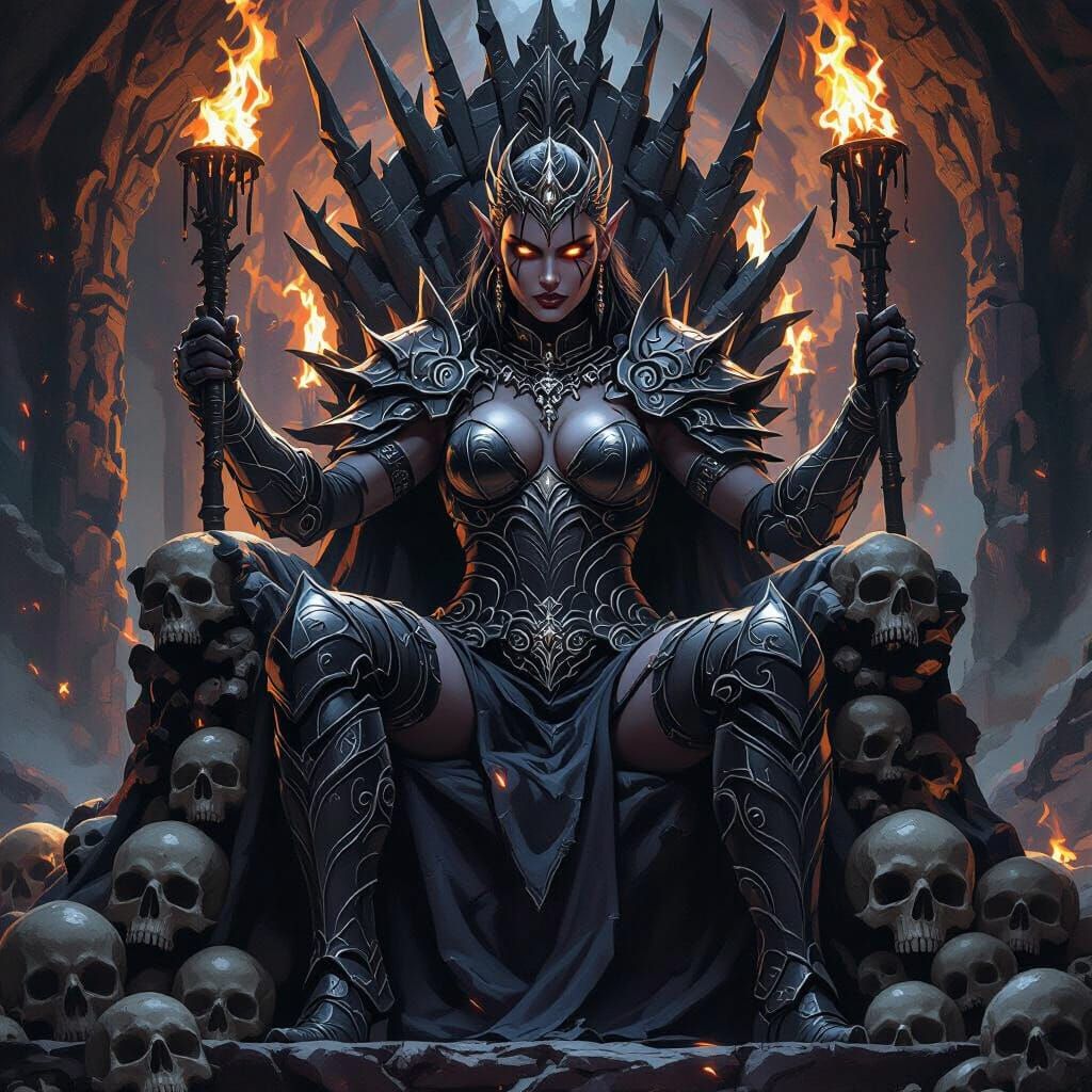 Drow Warrior Queen on Skull Throne in Dark Fantasy Style