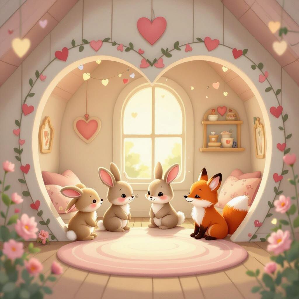 Cute Bunnies and Foxes in a Heart Room, Storybook Style