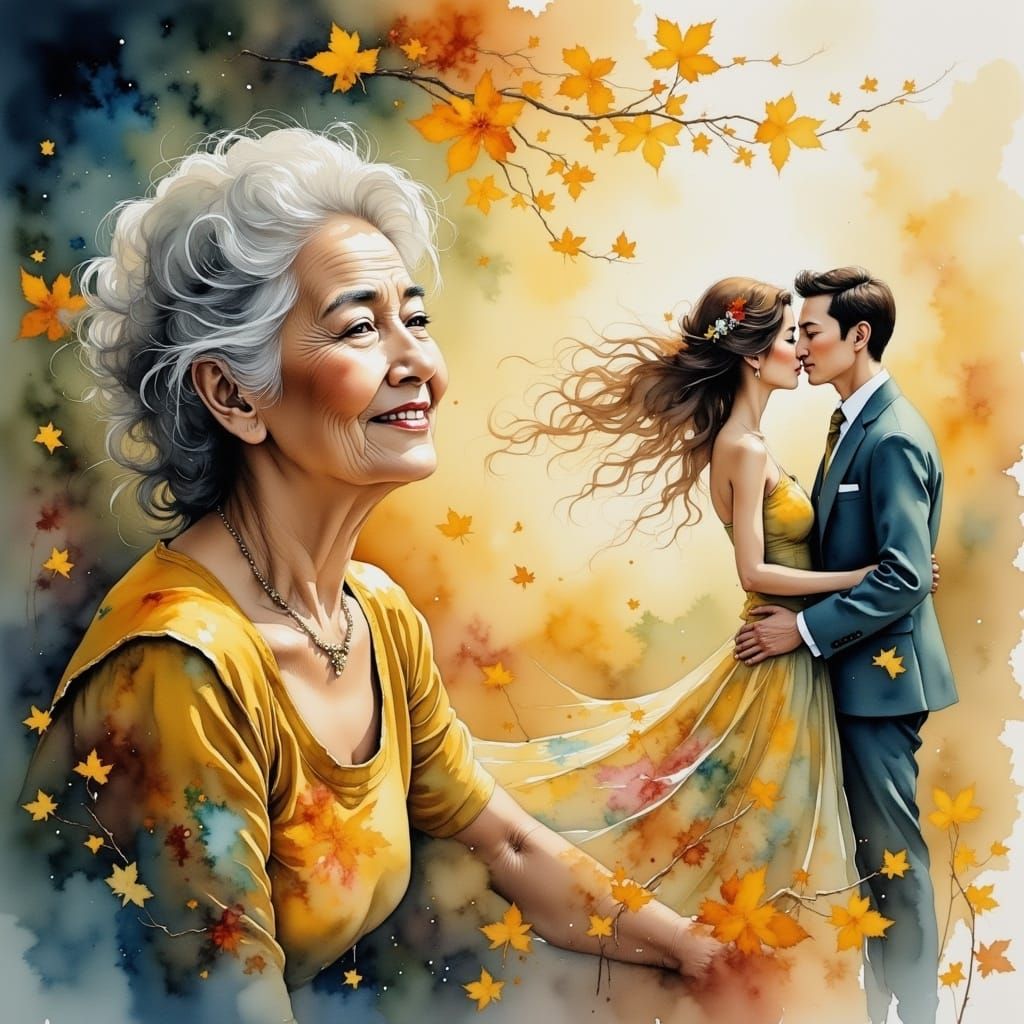 A Nostalgic Elderly Woman in Golden Light, with a Whimsical ...