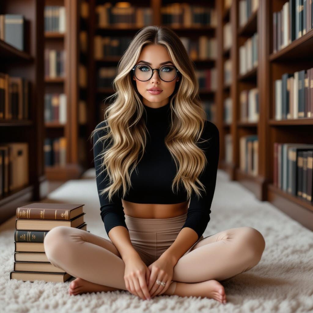 Woman with Blonde Hair in Cozy Library, Hyperrealistic Style