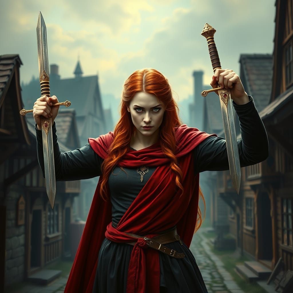 Medieval Warrior in Fiery Red Hair and Dark Attire