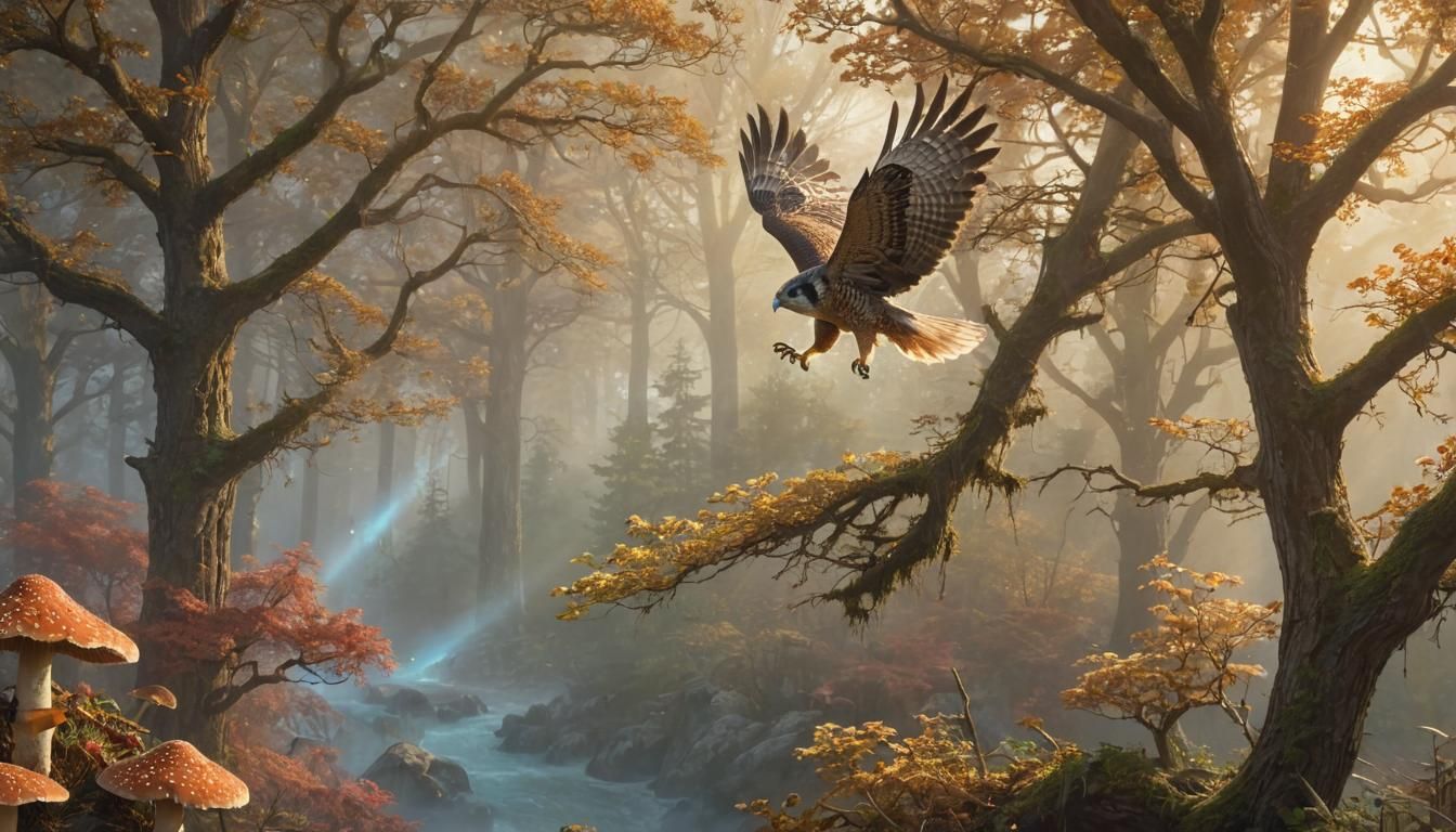 Falcon Soaring Through Mystical Forest in Golden Light