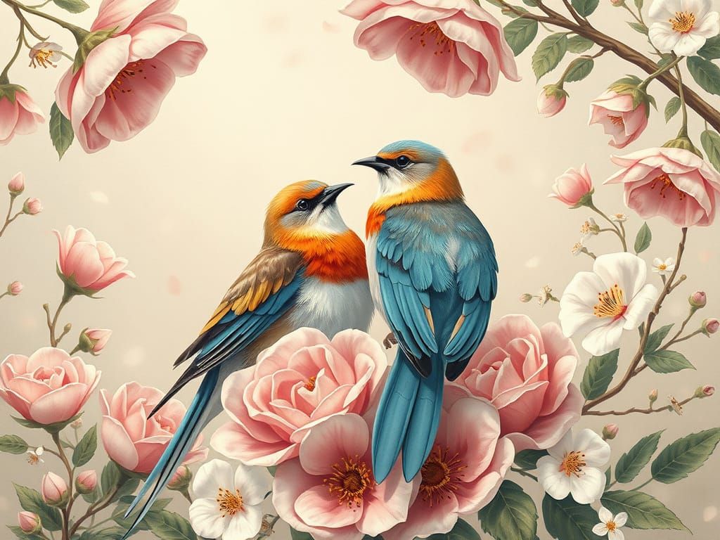 Romantic Birds in Cherry Blossom Paradise