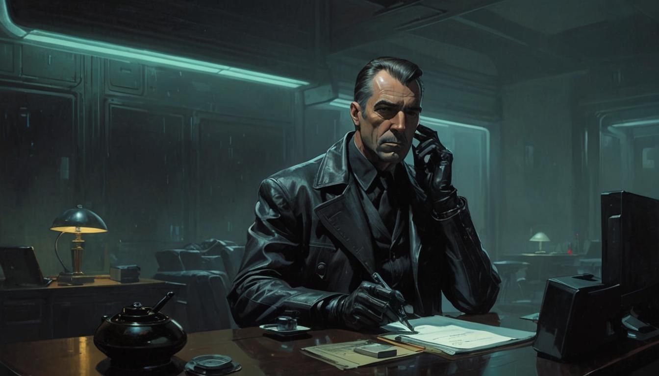 Noir Detective's Cyberpunk Apartment Interior, Syd Mead Styl...