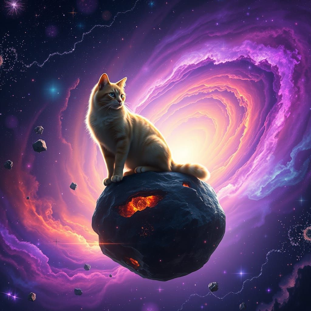 Majestic Cat Surrounded by Celestial Wonders in Vibrant, Iri...
