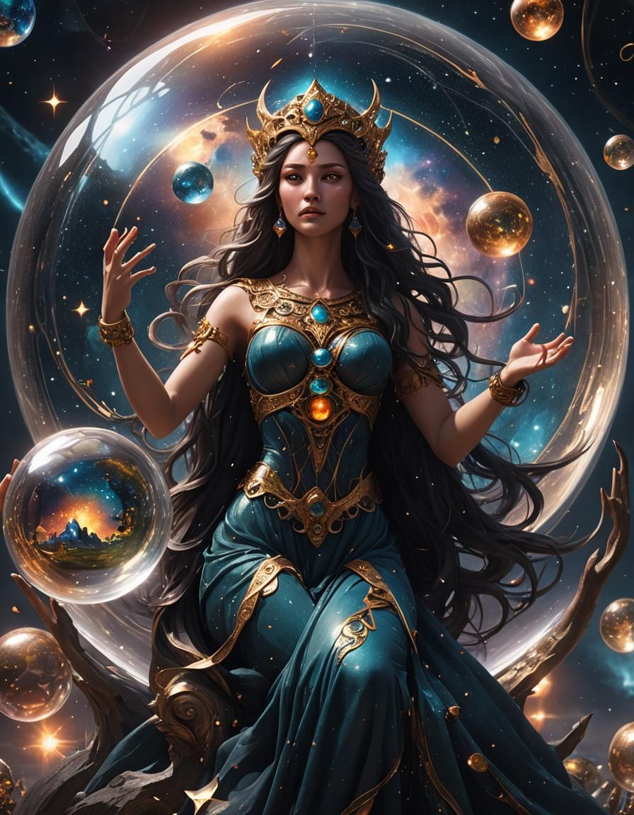 Sinister Goddess Holding World in Glass Ball