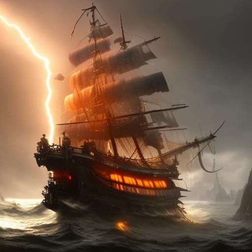 Pirate Ship Struck by Lightning: Detailed Matte Painting