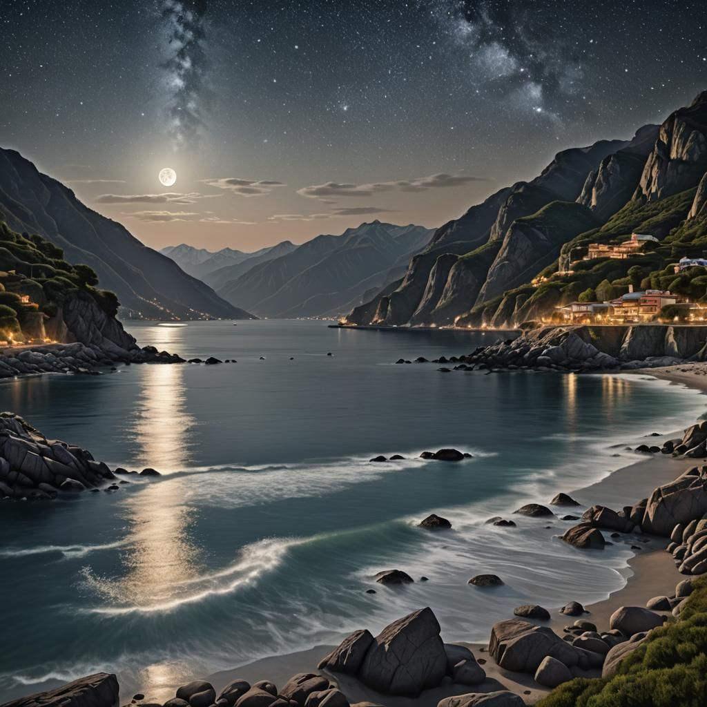 Silver Bay at Night: Hyperrealistic Atmospheric Landscape