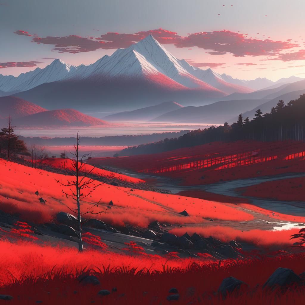 Surreal Scarlet Forest Erupts with Mystic Mountains and Vibr...