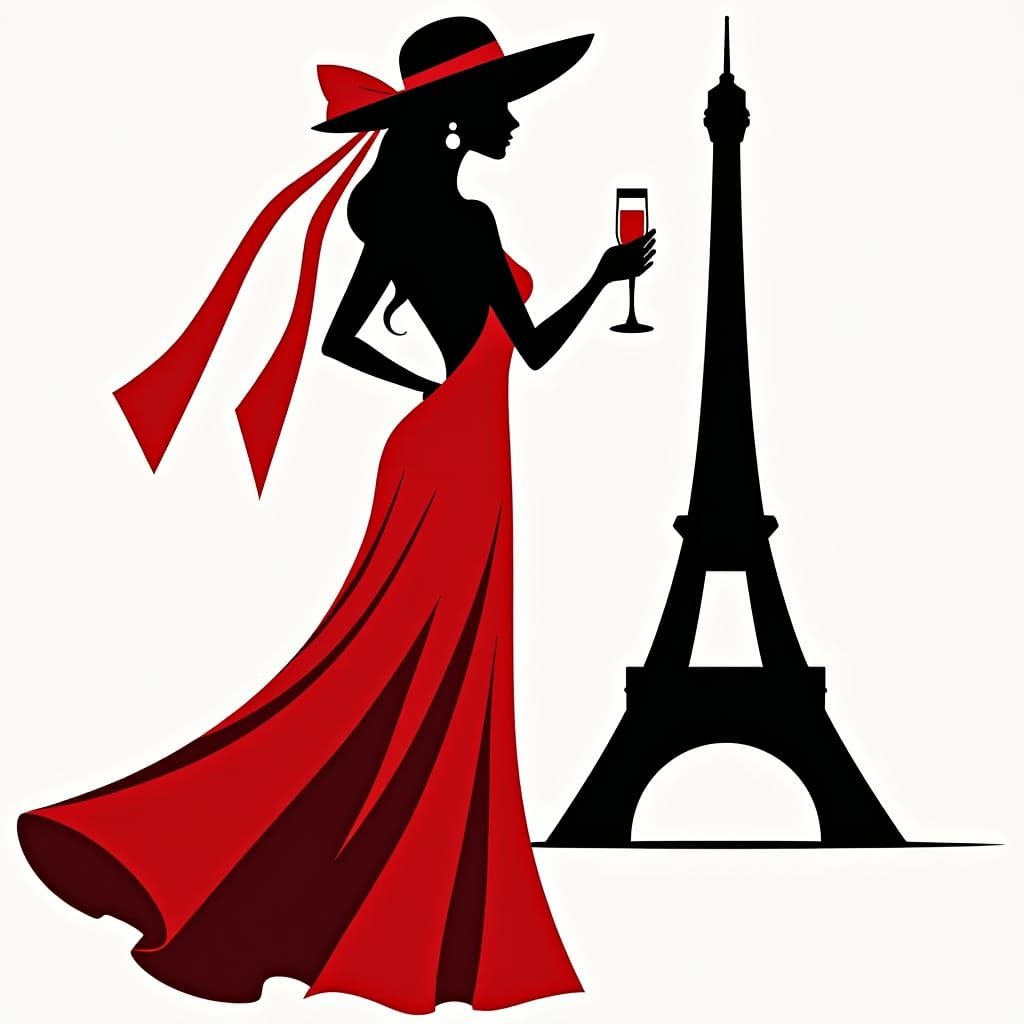 Elegant Woman in Red Gown with Eiffel Tower