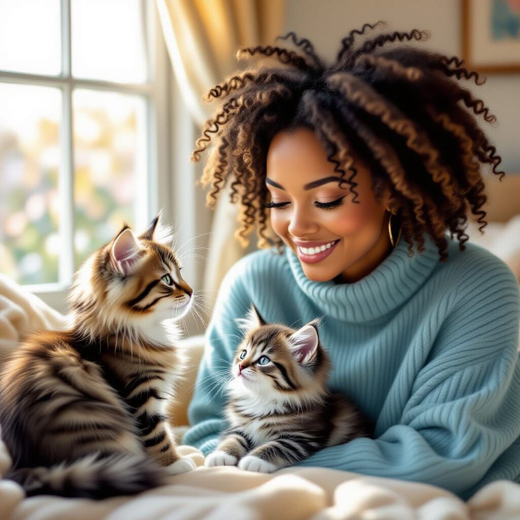 Woman Smiles With Tabby Cat and Russian Blue Kitten
