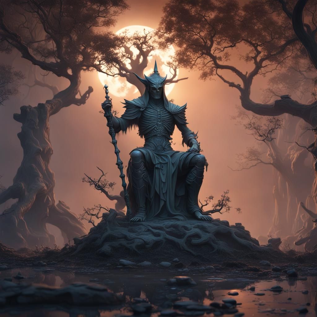 Kneeling Warrior God Statue Under Bold Moon