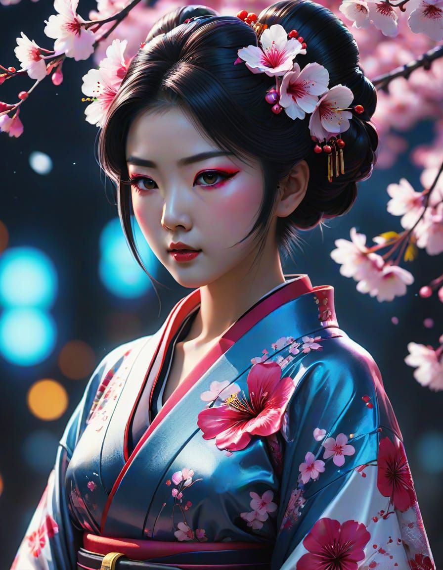 Futuristic Geisha in Cherry Blossoms: Digital Art