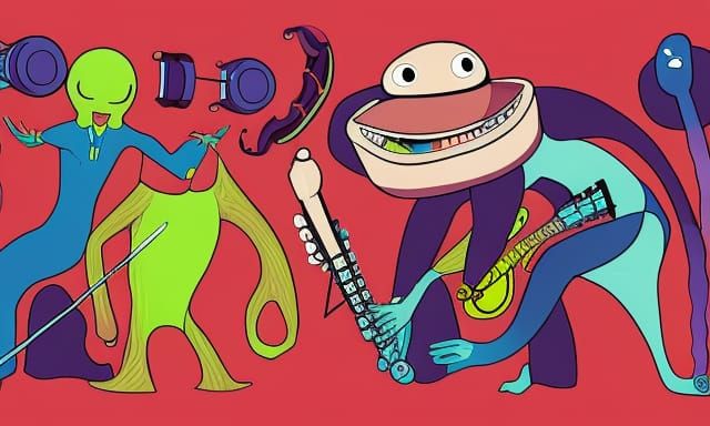 Surreal Sketch of Musicians Traveling Through Space