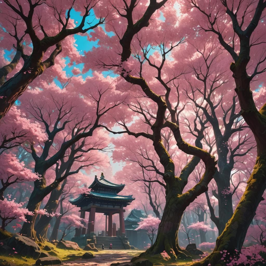 Cherry Blossom Forest with Hidden Temples