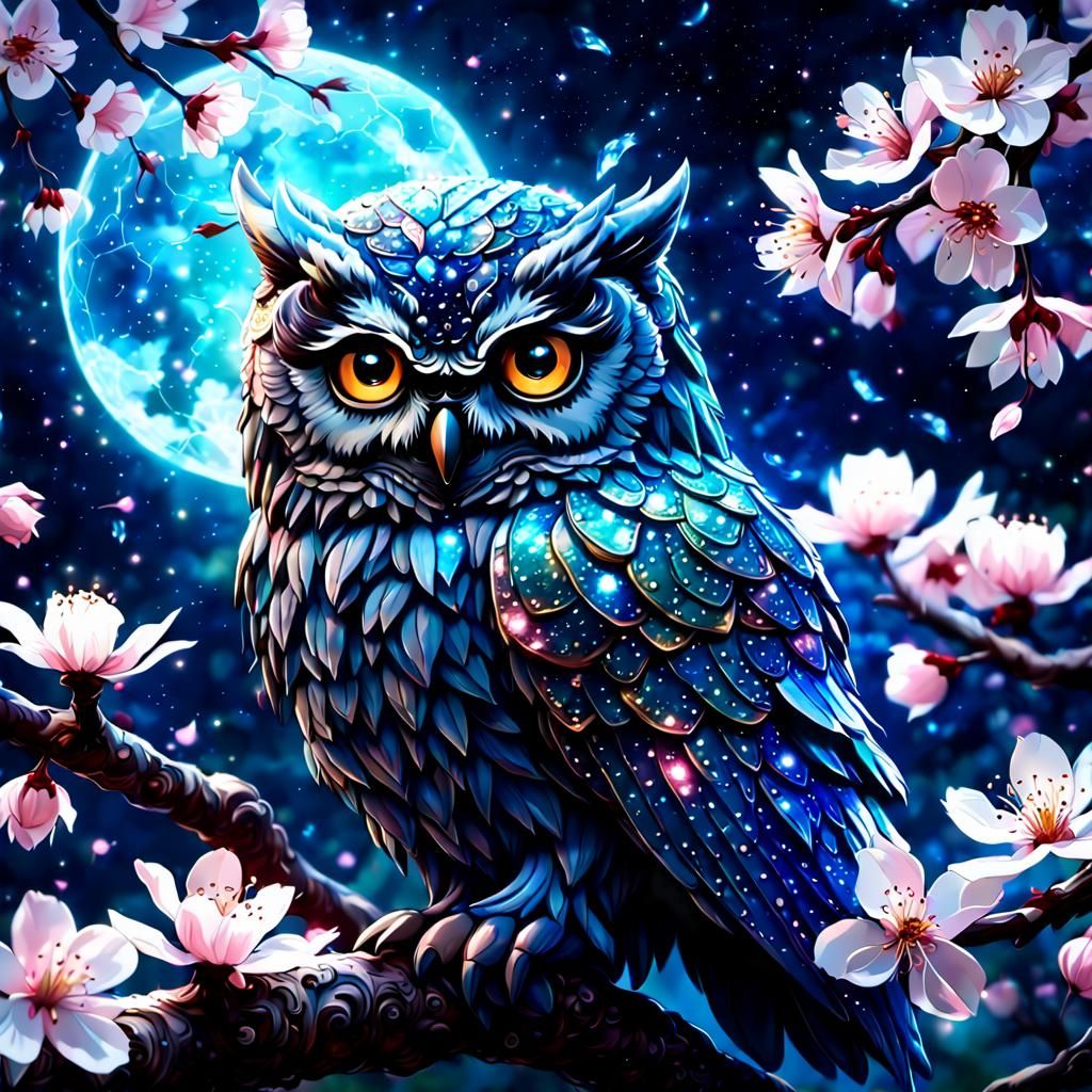 Crystal Night Owl in Cherry Blossom Garden