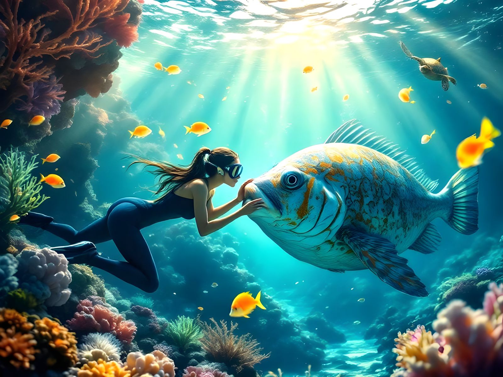 Snorkeler and Grouper in Impressionistic Underwater Scene