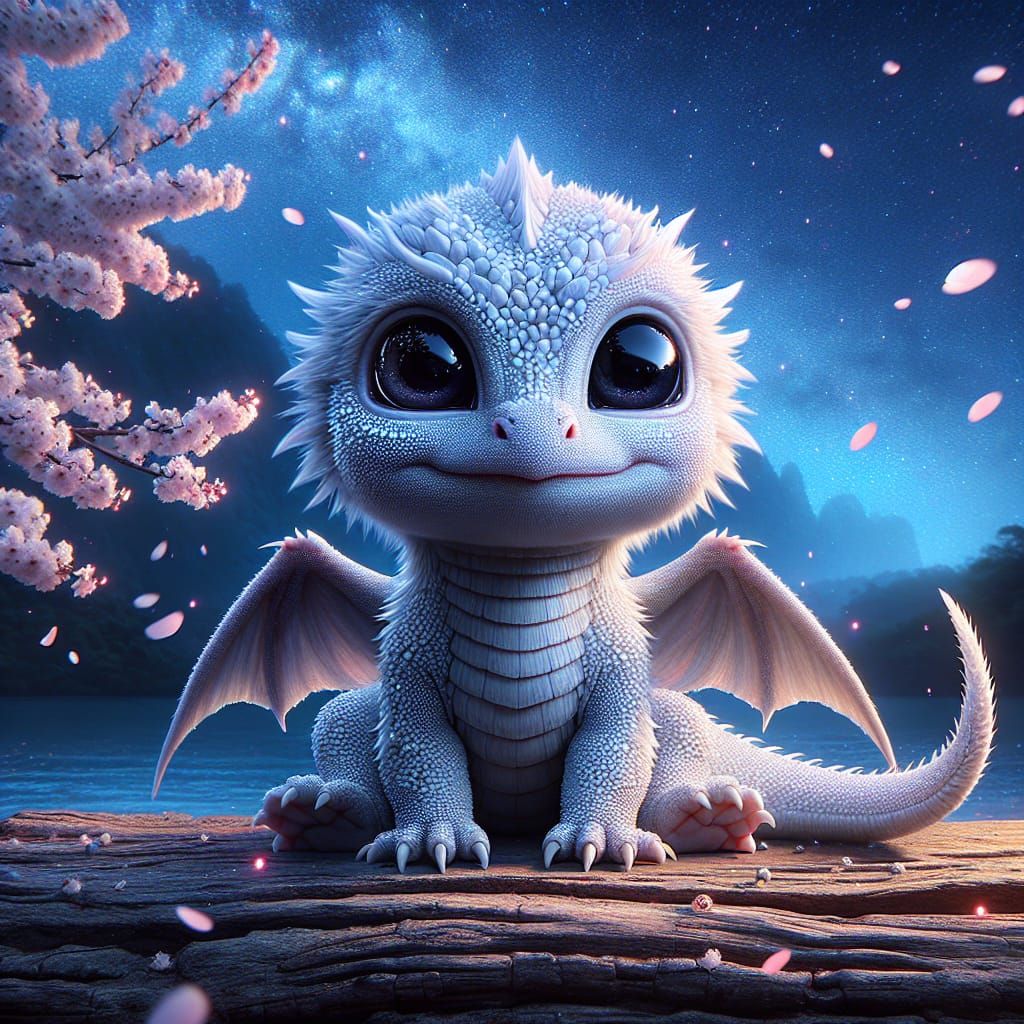 Adorable Baby White Dragon in a Magical Night