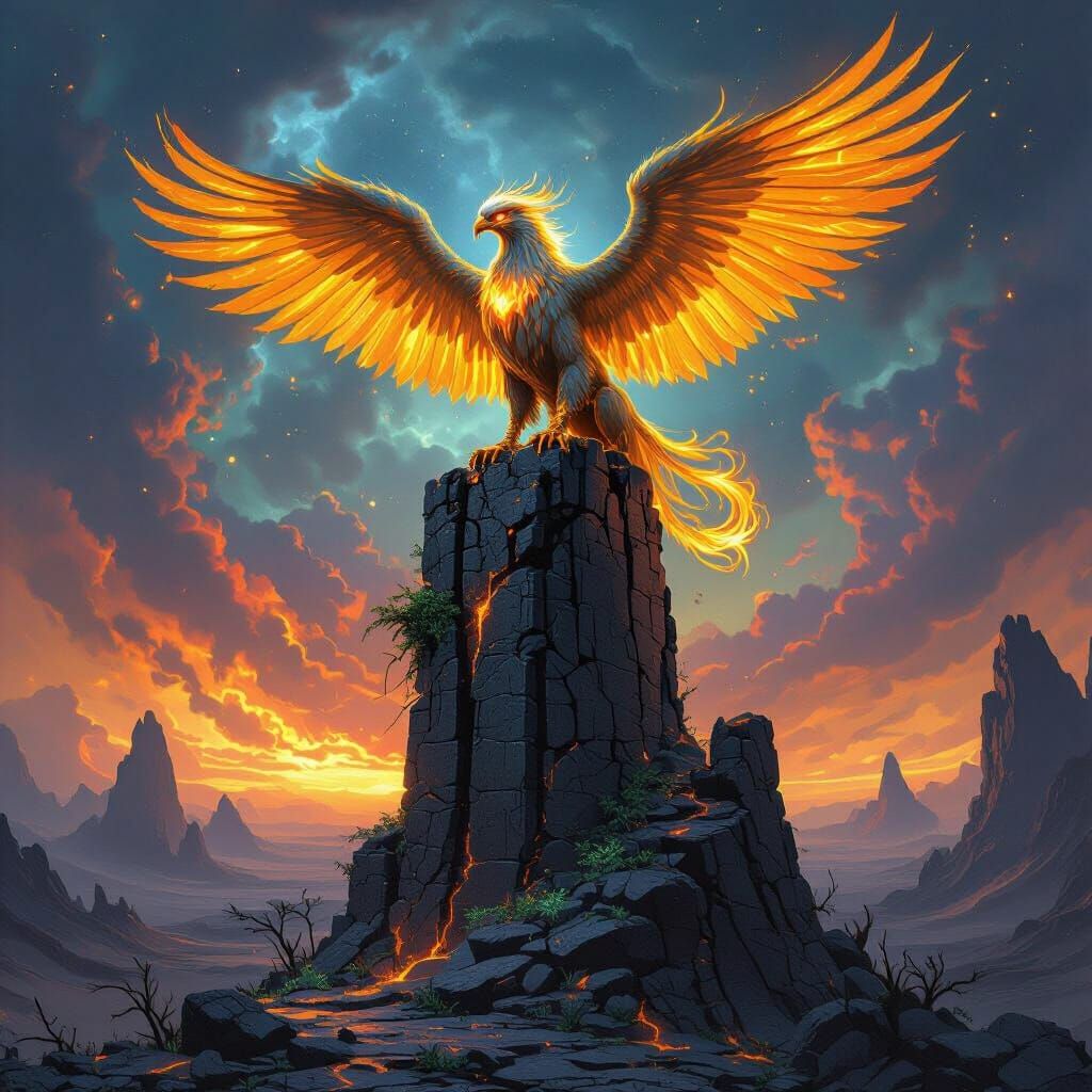 Griffin Perched on Obsidian Tower in Epic Fantasy Style