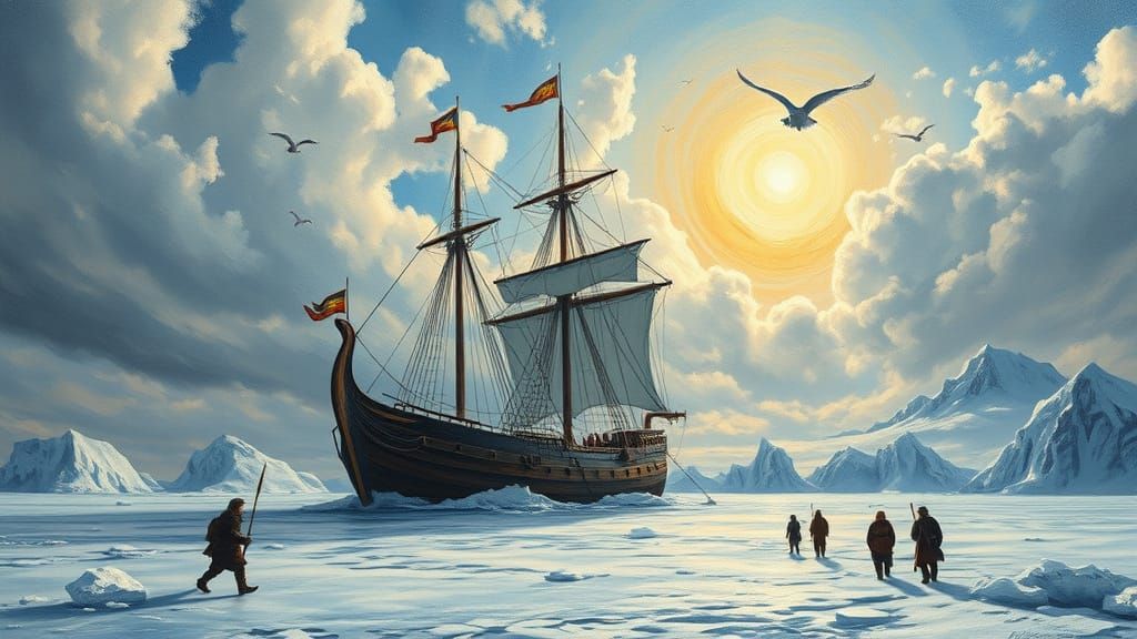Viking Ship on Frozen Tundra in Vibrant Oil Painting