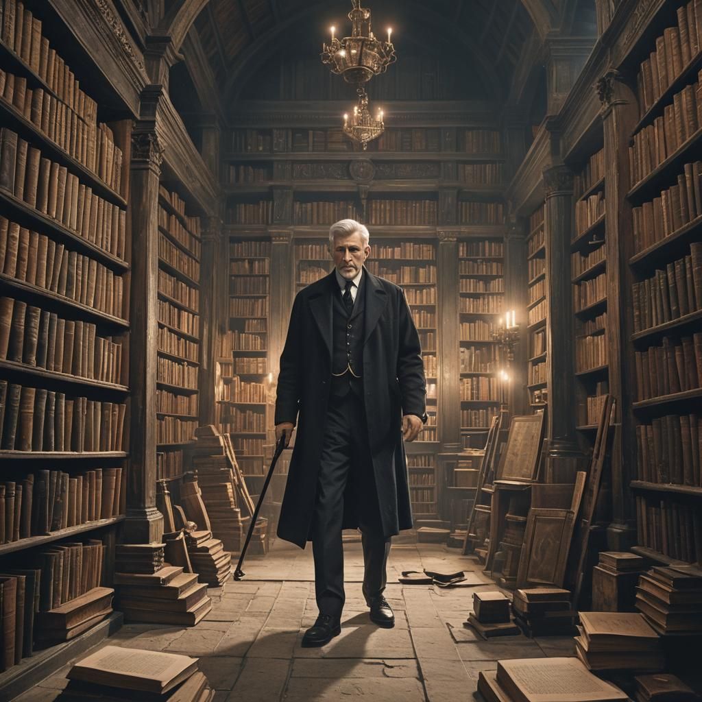 Man in Mystical Library in Magical Realism Style