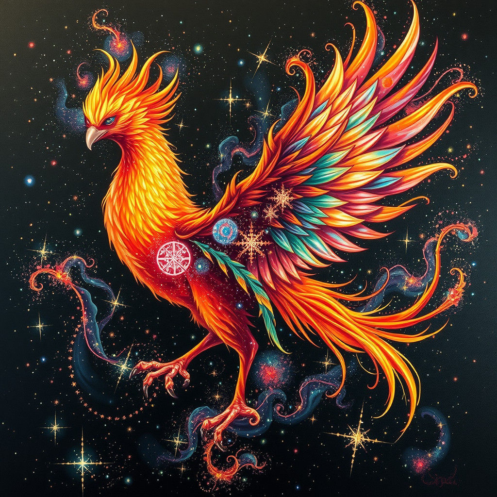 Celestial Phoenix in Vibrant, Iridescent Plumage
