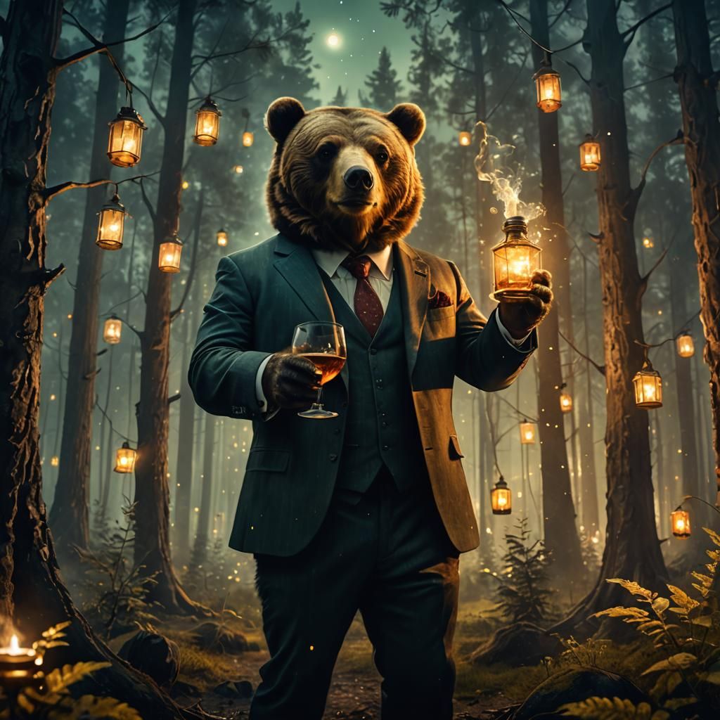 Surreal Bear in Forest with Whiskey