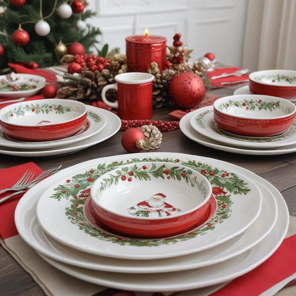 Christmas Table Setting with Ornaments and Santa Claus