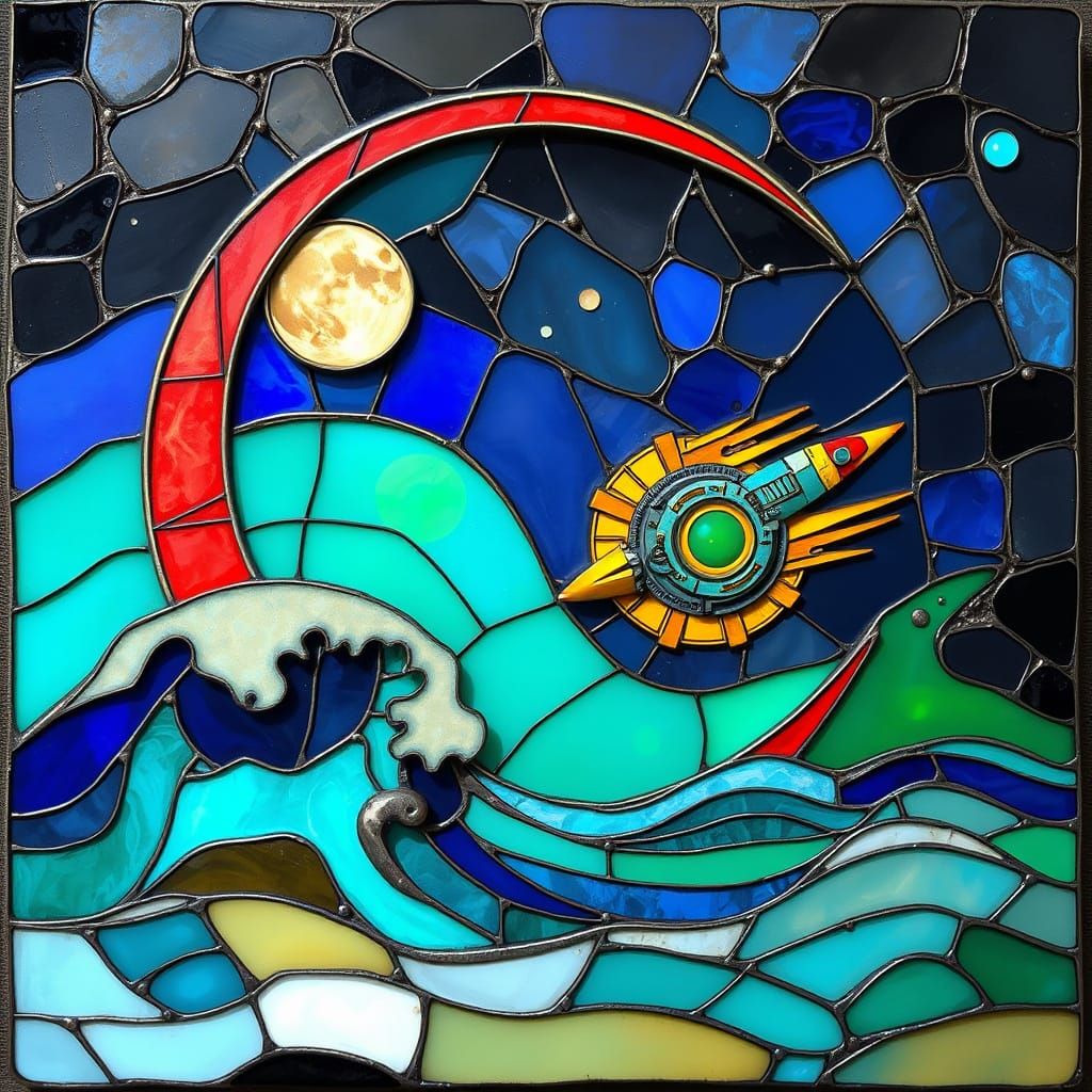 Surreal Steampunk Moonlit Cosmos in Vibrant Enamel and Glass