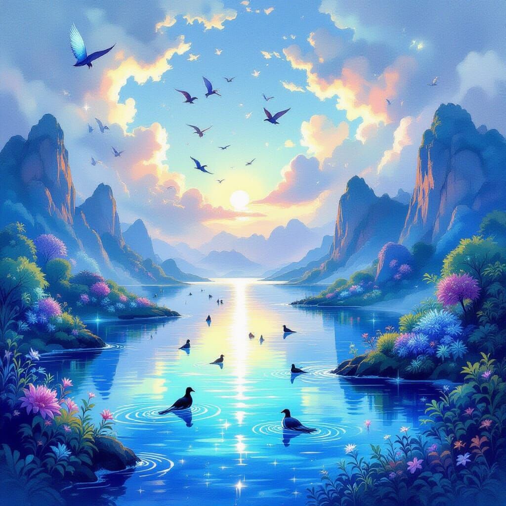 Magical Water Land with Fantastical Creatures in Watercolor ...