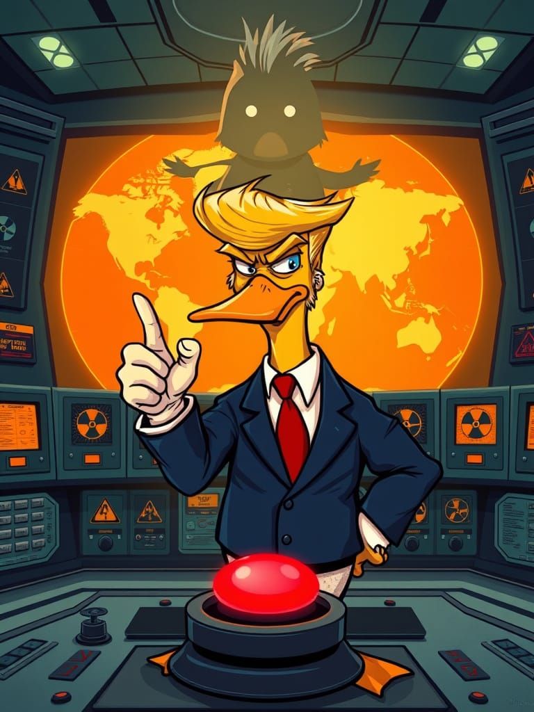Cartoon Duck at Nuclear Launch Button in Satirical Cold War ...