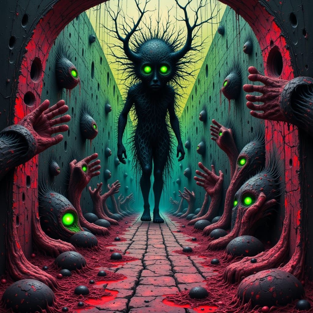 Mutated Horror Beast in Bloody Hallway with Glowing Eyes